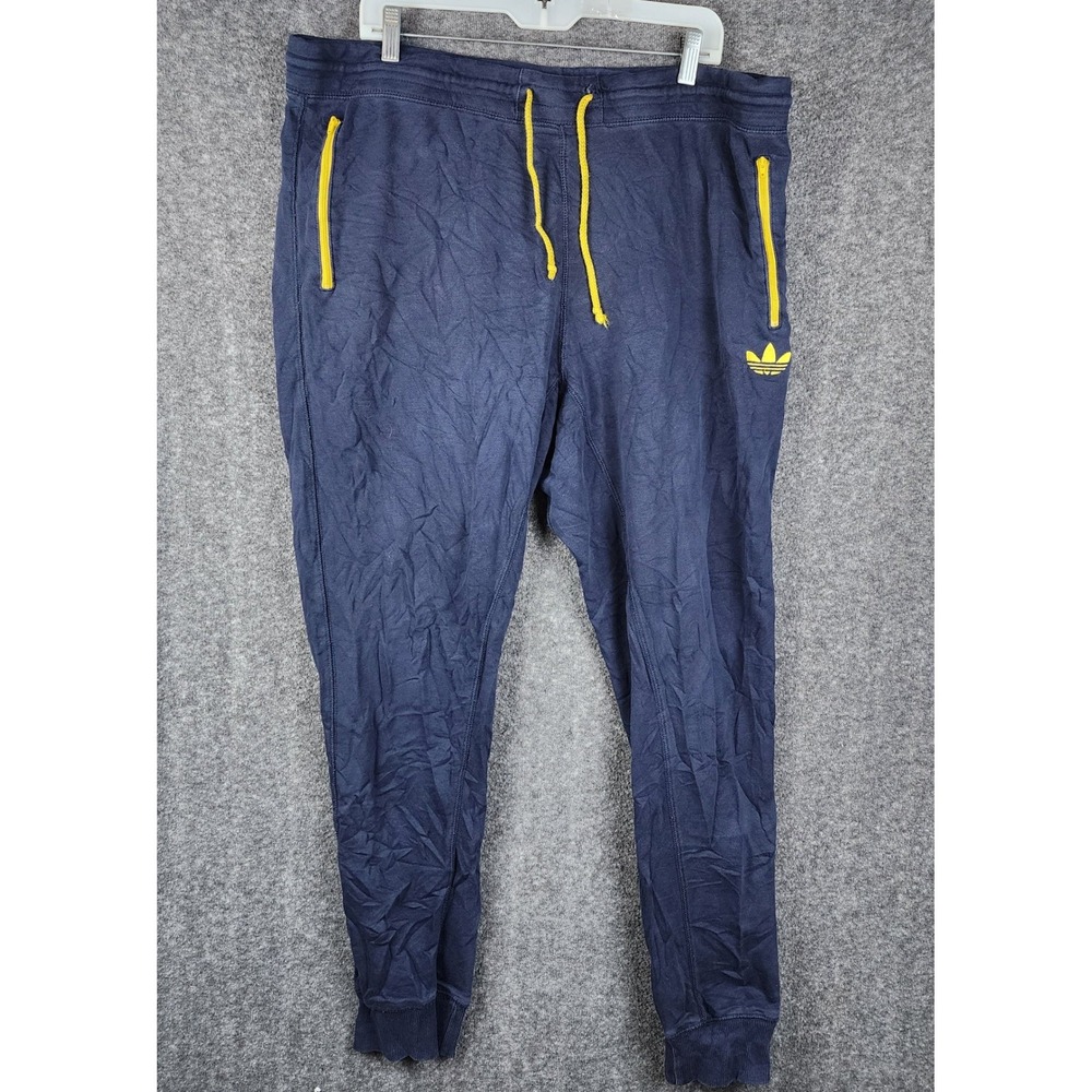 Adidas Joggers Mens XL Navy Blue Yellow Trefoil Zip Pocket Sweatpants